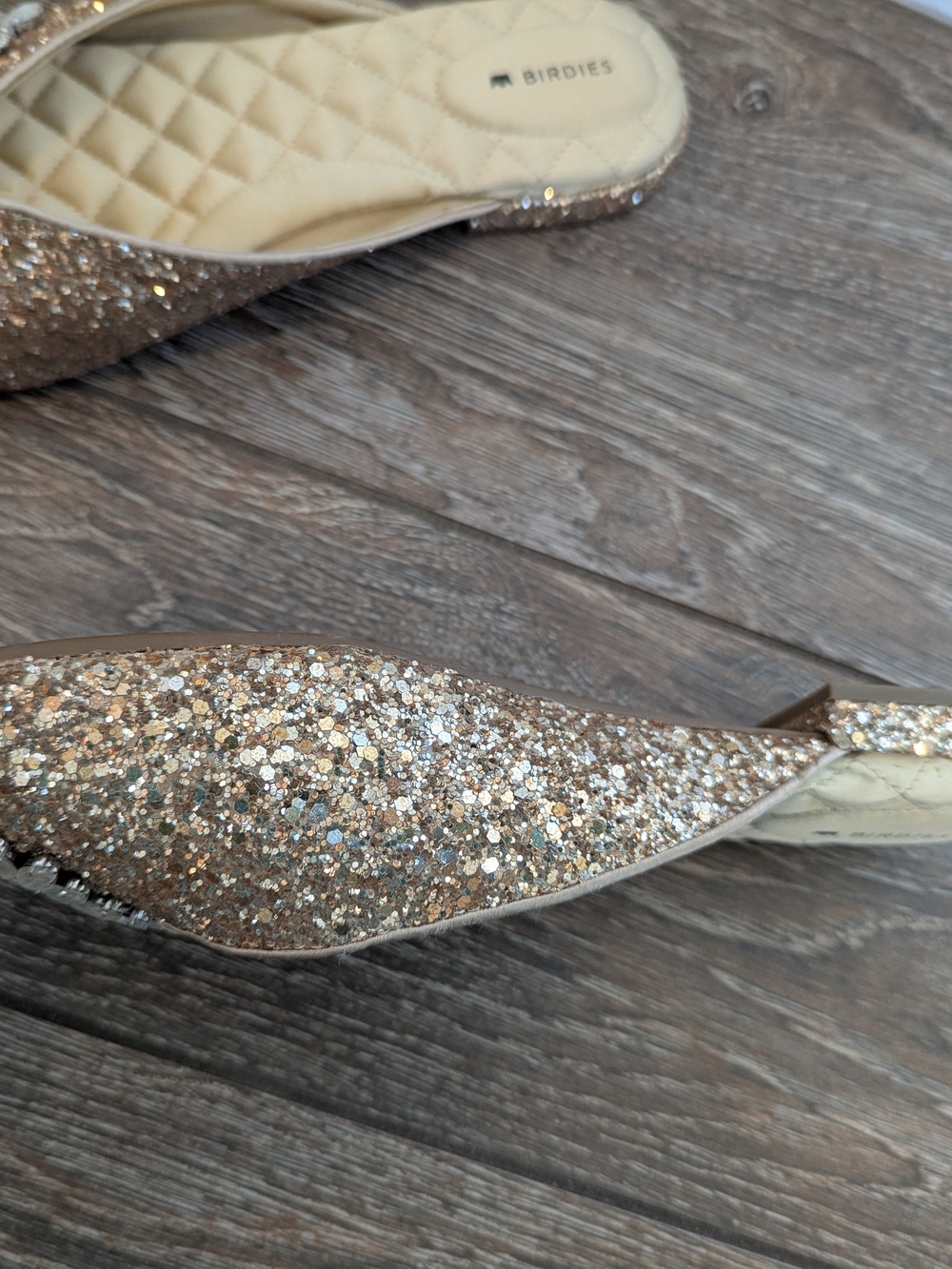 Birdies The Swan Jeweled Gold Sparkle Mule Slides NWOB Size 9.5 Glitter - Picture 10 of 12
